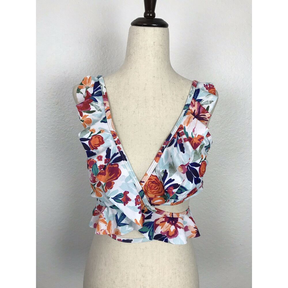 Verano Playa Floral Multicolor Ruffled Strappy Bikini Top Swimsuit